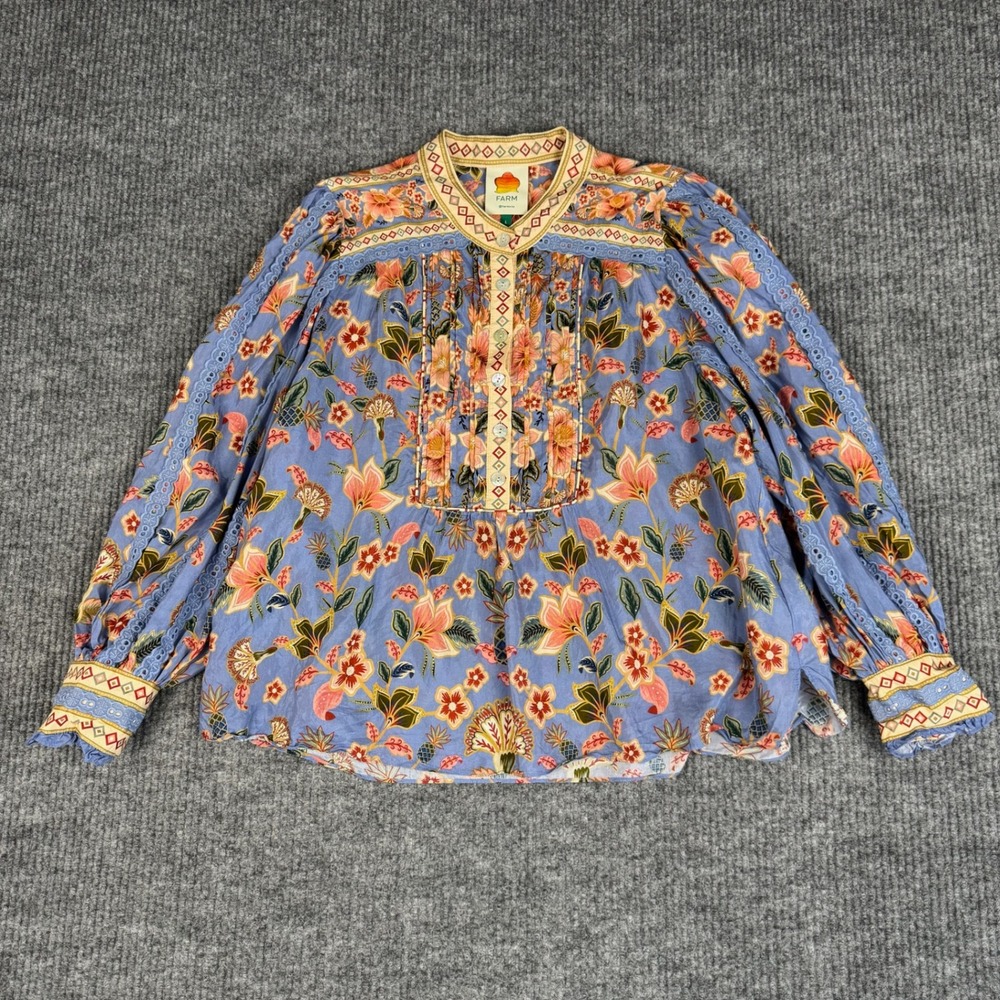 Farm Rio Superbloom Tapestry Blouse Womens L Blue Floral Cotton Boho Pintuck